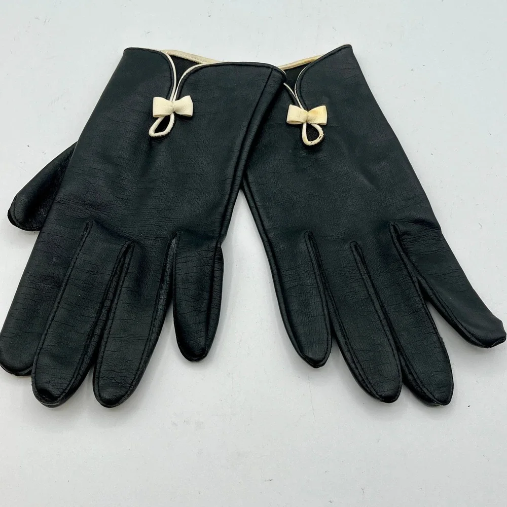 Vintage Black Leather Gloves Cream Bow Detail Sz Large Made in Japan Womens READ